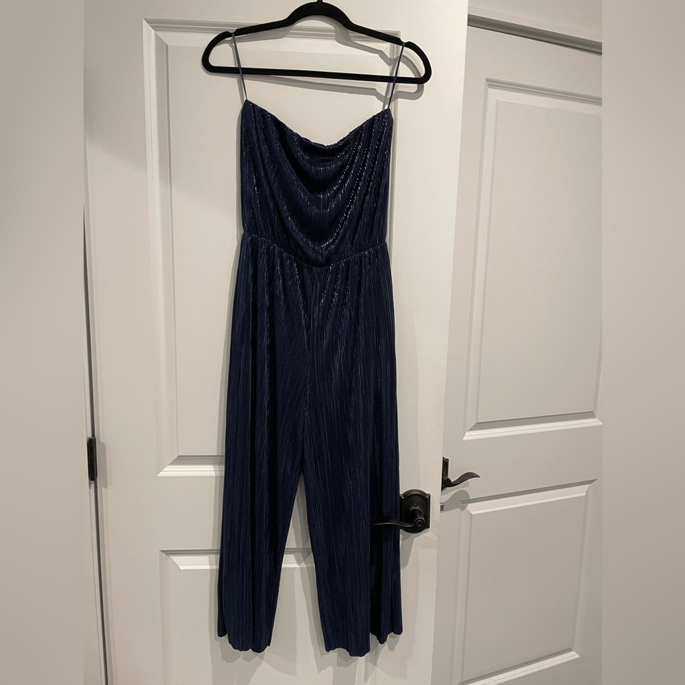 Aqua Strapless Jumpsuit. “Metallic” Navy.
